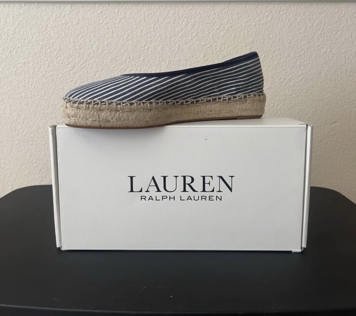 Lauren Ralph Lauren Womens Canvas Espadrille Flats Navy/White Stripe 9.5B