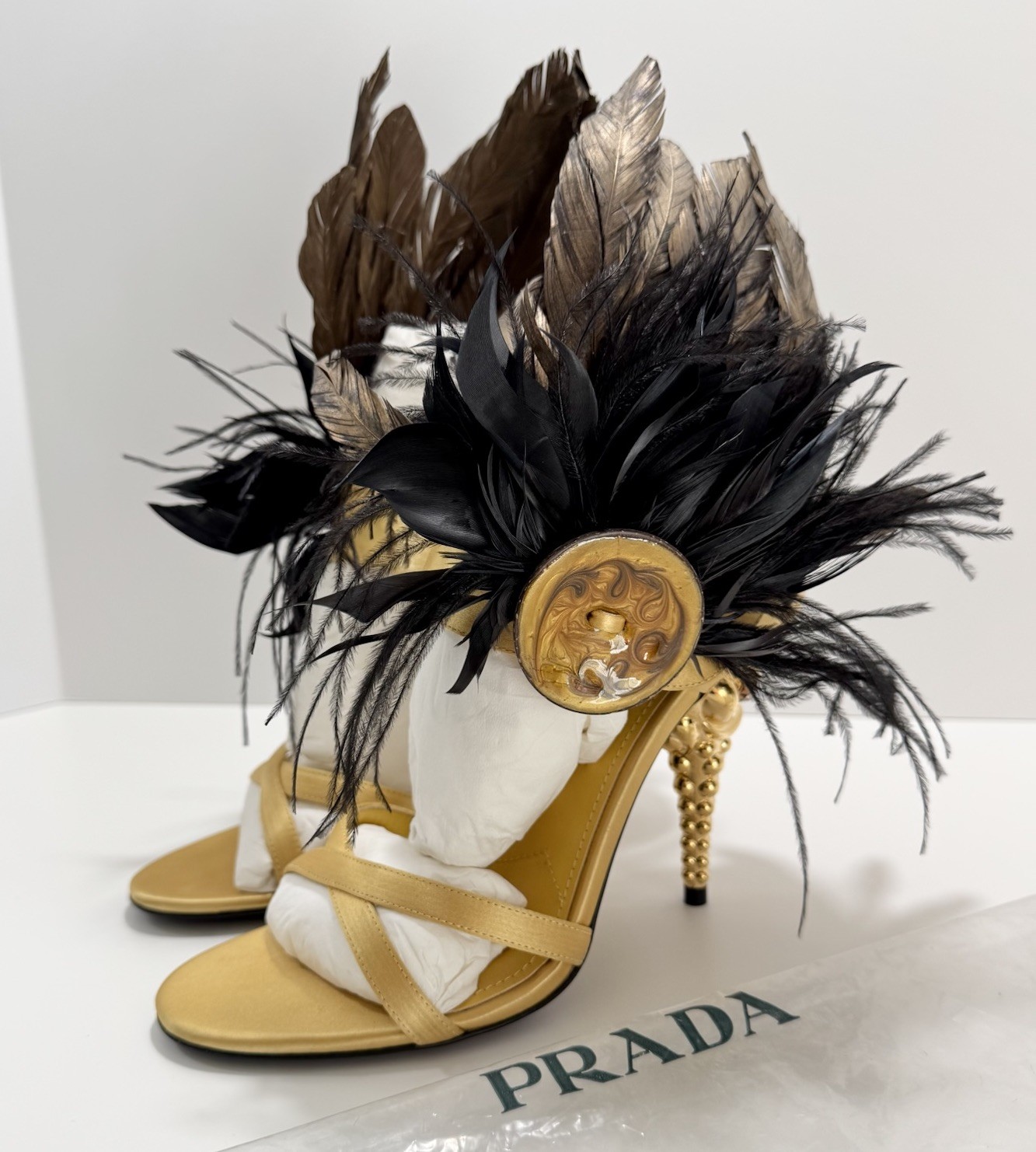Prada Feather Crystal Gold Satin Silk Strappy Heels Size 37 7 F/W 2017 Runway