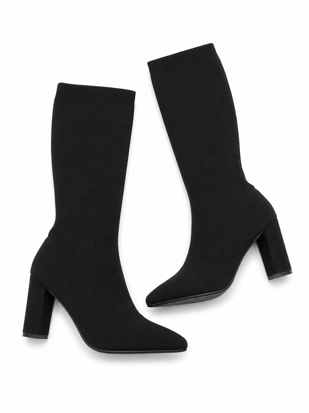 NIB Newbella Black Knit Boots Women’s Size 8 Pointed Toe Block Heel Stretch New