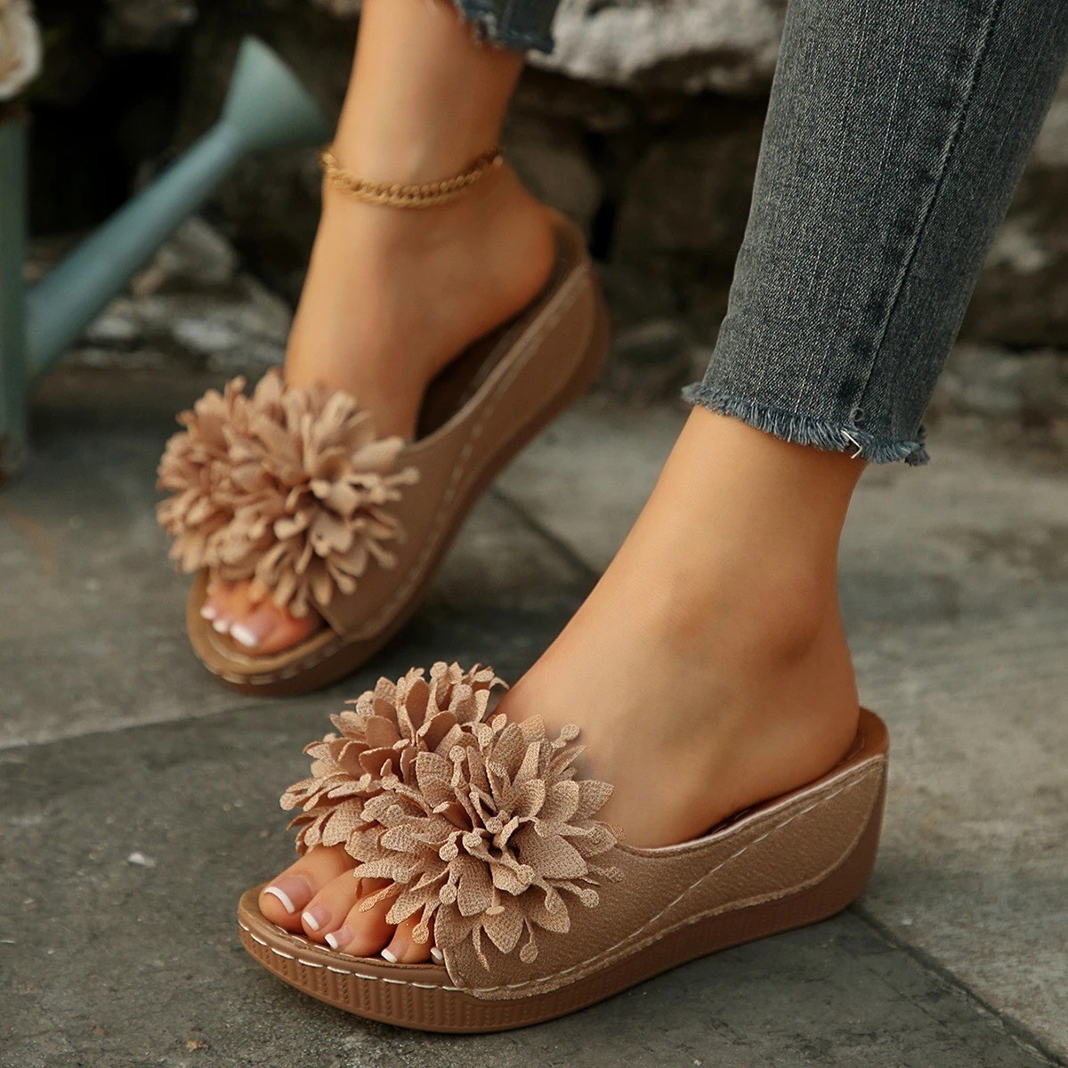Women’s Flower Wedge Sandals Open Toe Slip-On Summer Platform Slides Casual