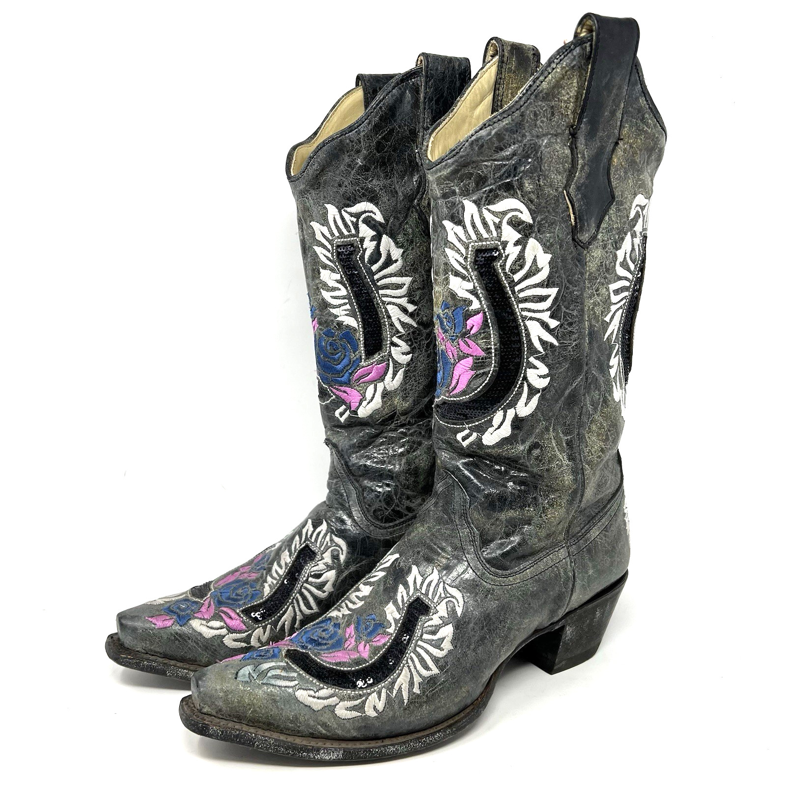 Corral LDS Black Pink Carter Horseshoe Embroidered Leather Western Boots 8.5M