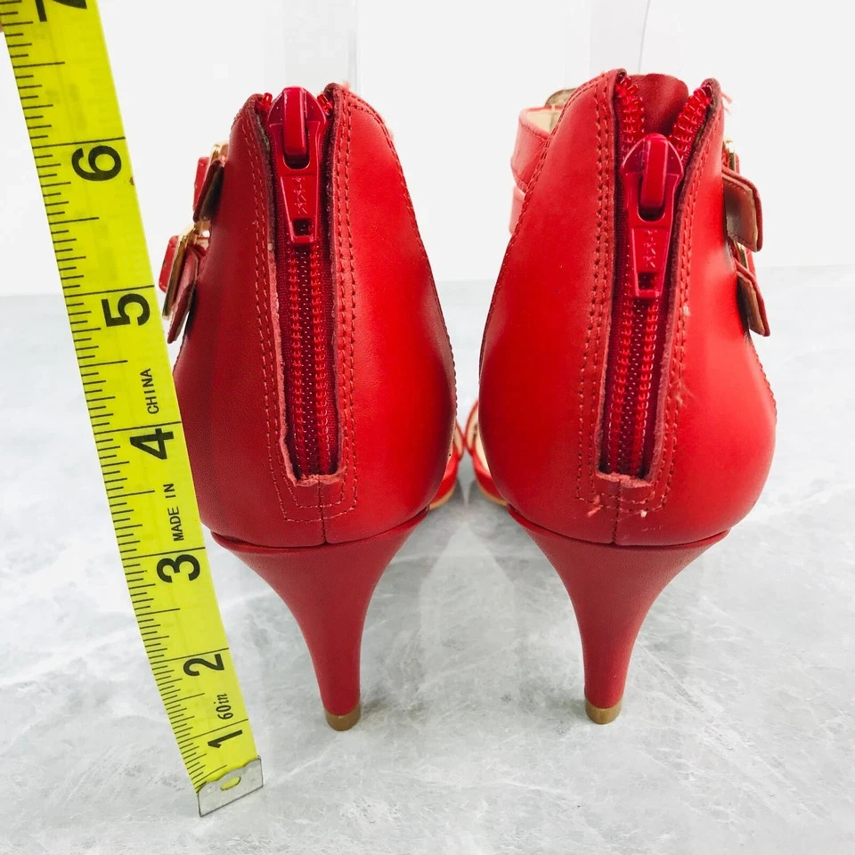 Vince Camuto Red Leather Studded T-Straps Buckle Heels Open toe Womens Size 8
