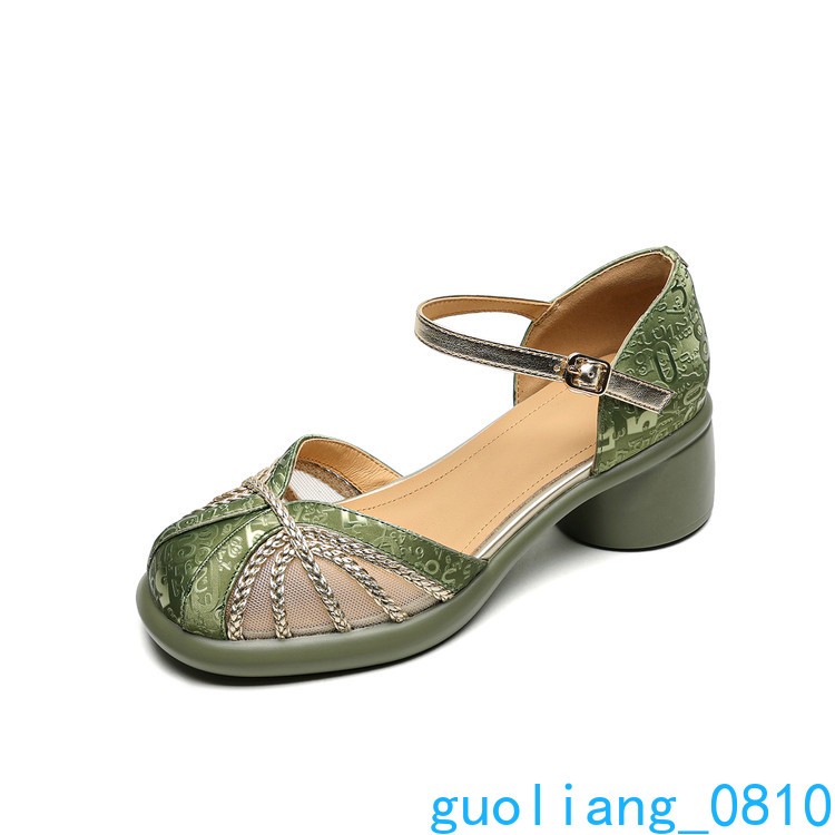 Women’s Leather Casual Shoes Block Heel Mesh Buckle Round Toe Sandals Formal OL