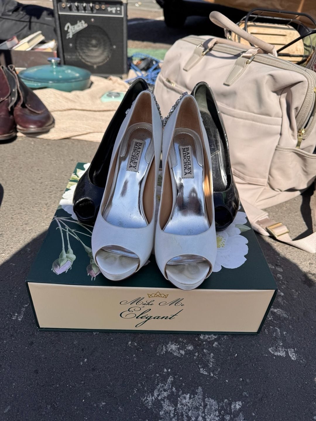 Badgley Mischka Kiara Embellished Peep-Toe Pumps in White Satin