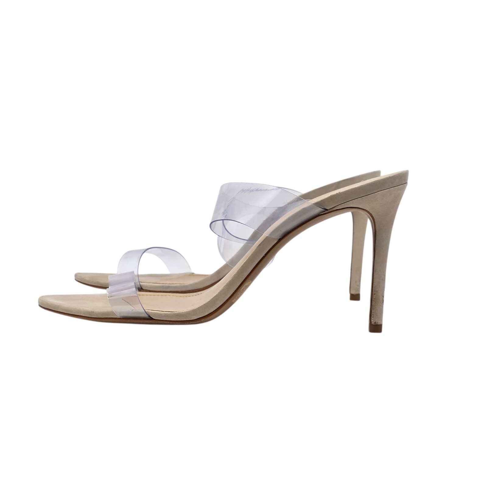 Schutz Suede Sandal Beige Clear Vinyl Double Strap Stiletto Heel Size 11B $138