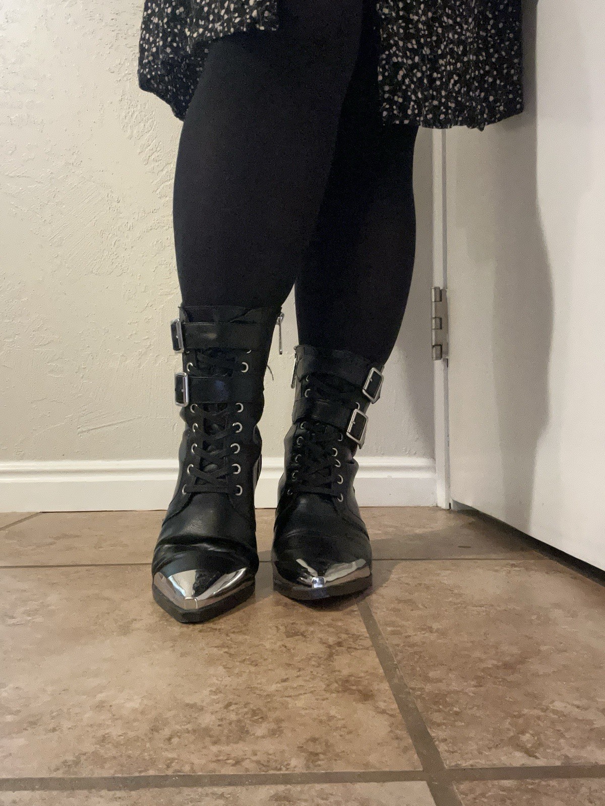 KILLSTAR Women’s US 8 Black Faux Leather Mid-Calf Combat Boots Buckle Cap Toe