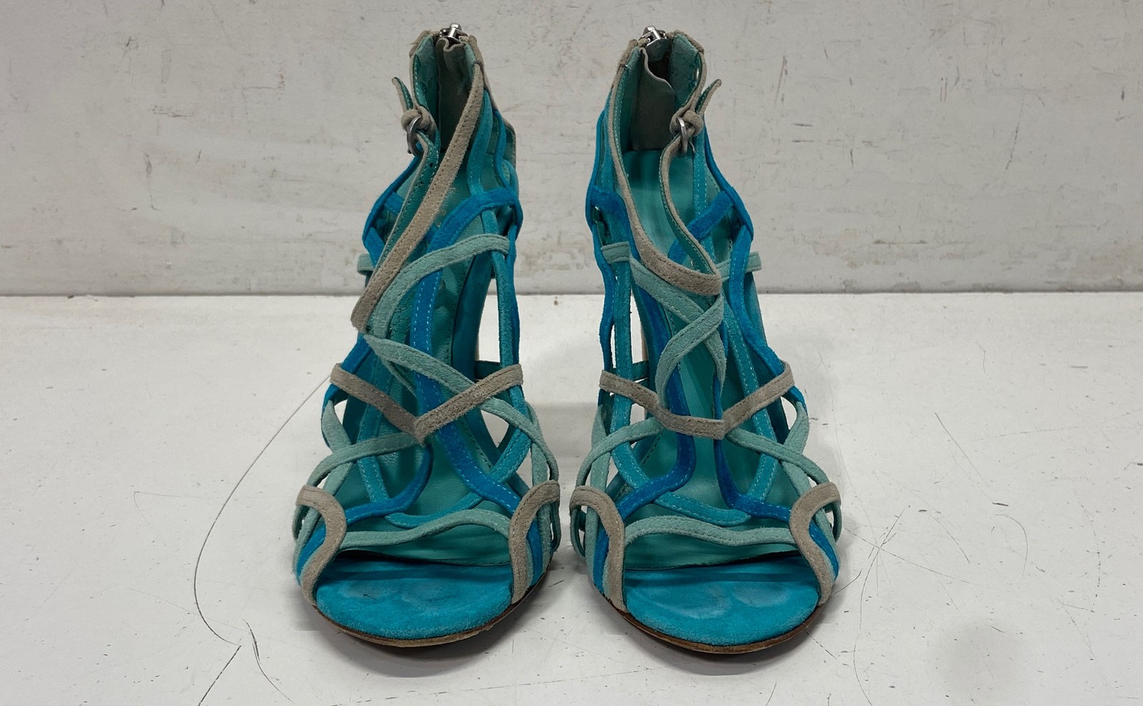 Elie Tahari Strappy Caged Stiletto Sandals Turquoise Blue Multi Size 37.5
