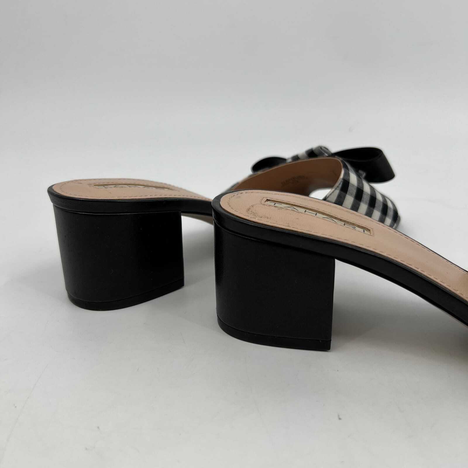 Tahari Black and White Gingham Bow Slip-On Sandals | Heel Height Mid 2-2.9in