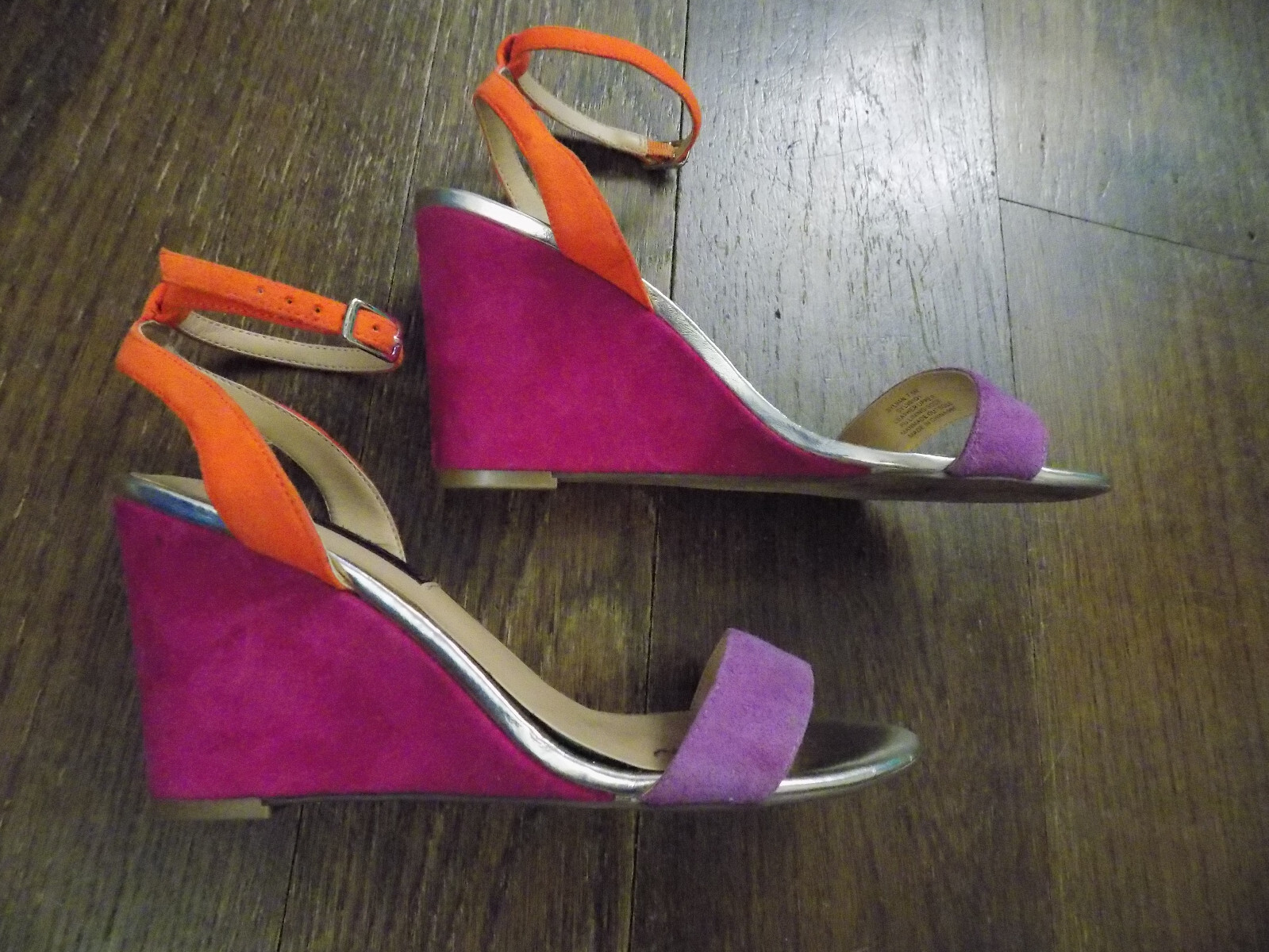 Steve Madden Sylan Purple Pink Orange Suede Ankle strap wedge 3.25″ Sandals 7.5