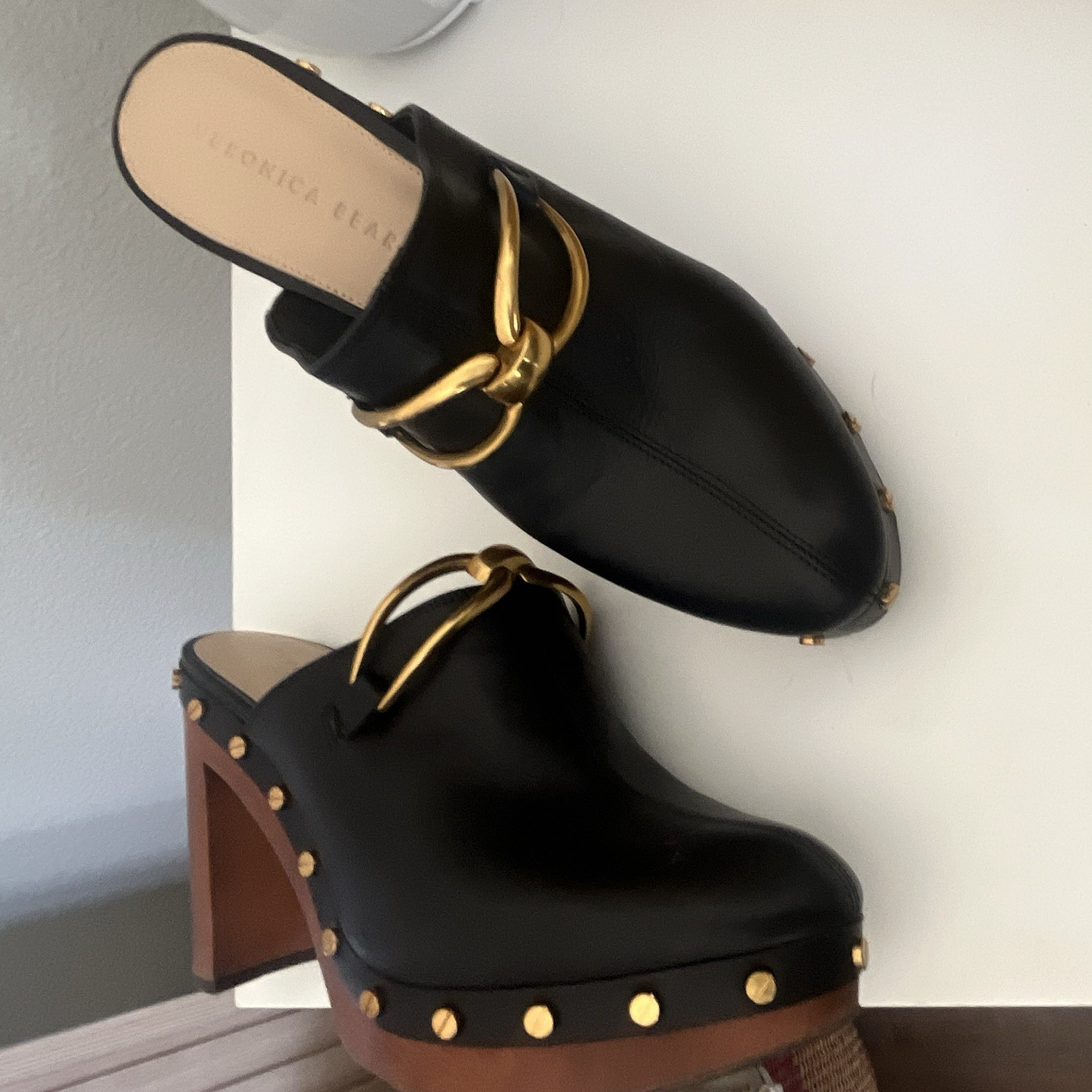 Veronica Beard Womens Black Leather Studded Mule Heels Gold Hardware Size 9