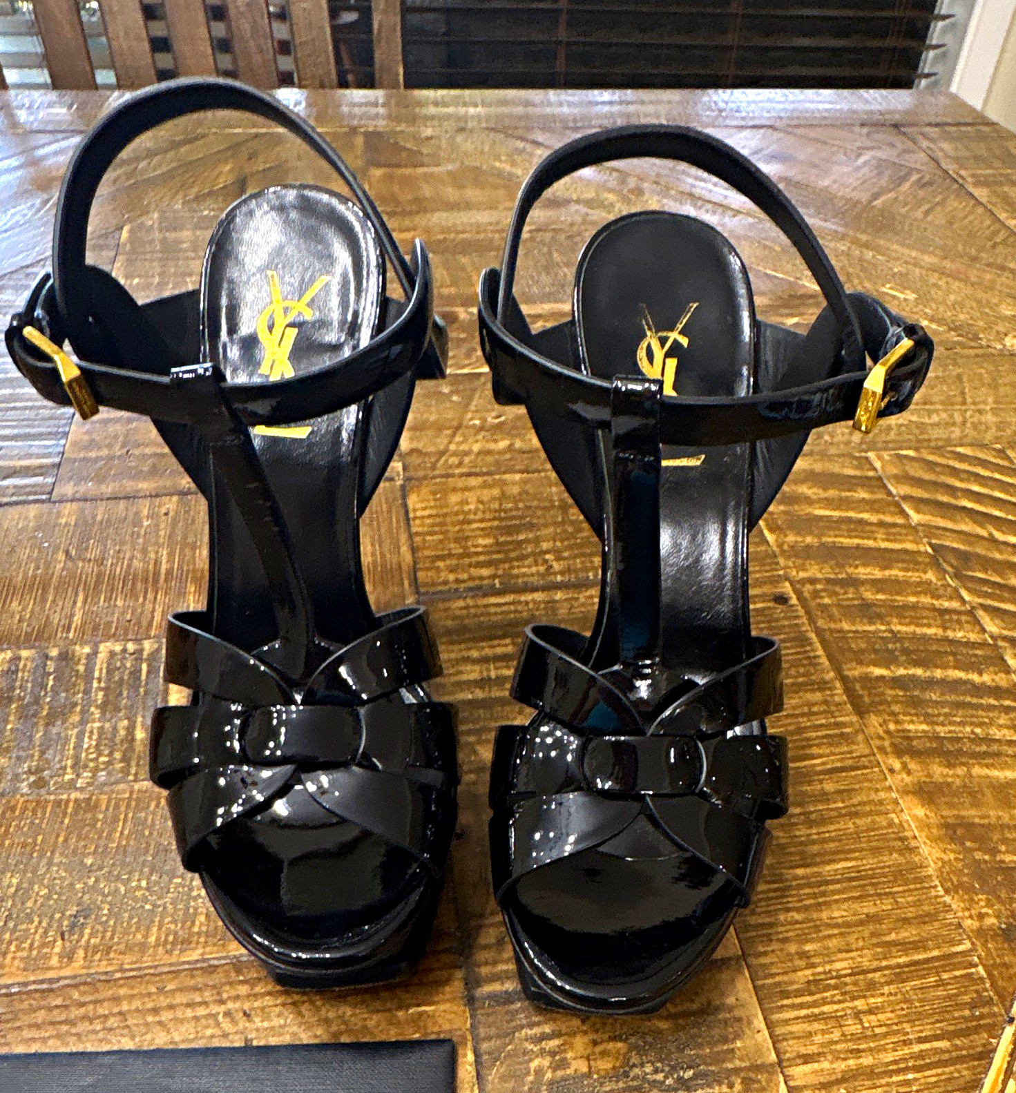 Saint Laurent Women’s Black Patent Leather Strappy Ankle Strap Sandals 6