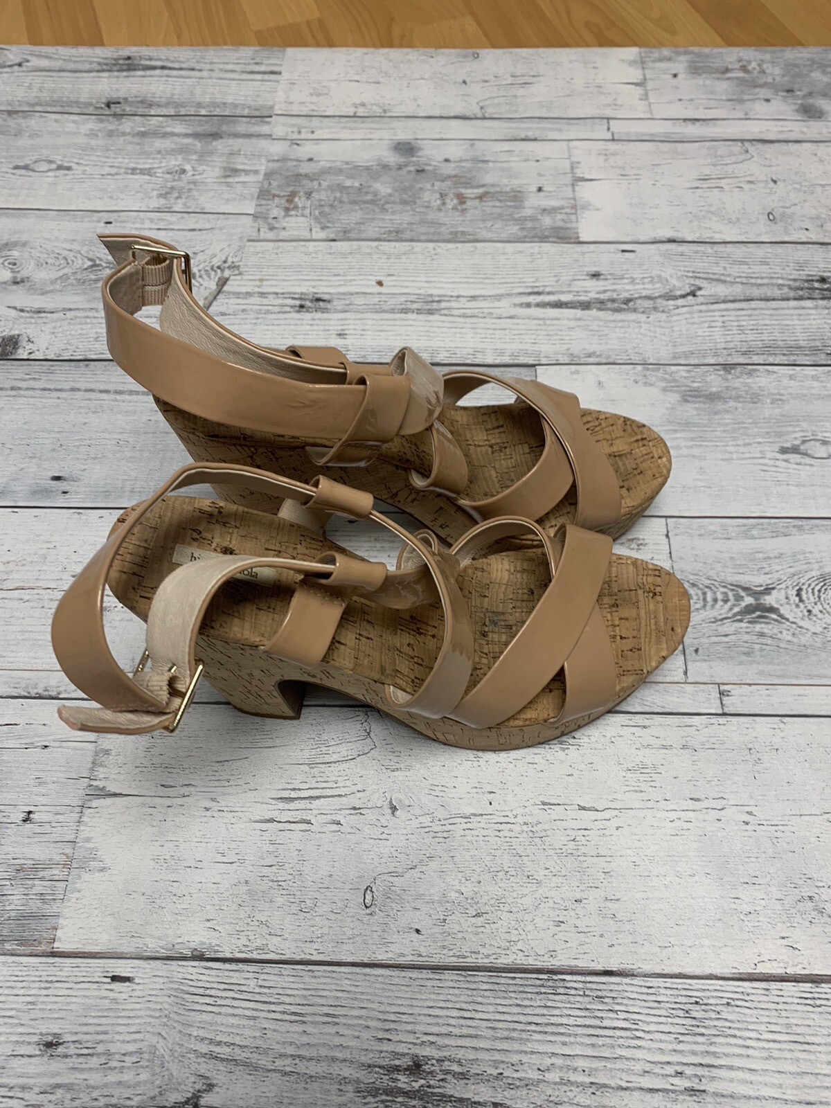 Bimba Y Lola Beige Strap Wedges Platform Cork Heel Sling back Ankle Strap S 10