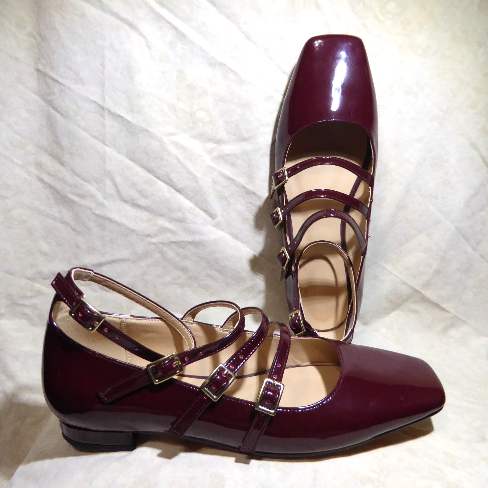🩰 Unbranded Ankle Multi Strap Ballet Flats sz 11 M Red Wine Patent Leatherette