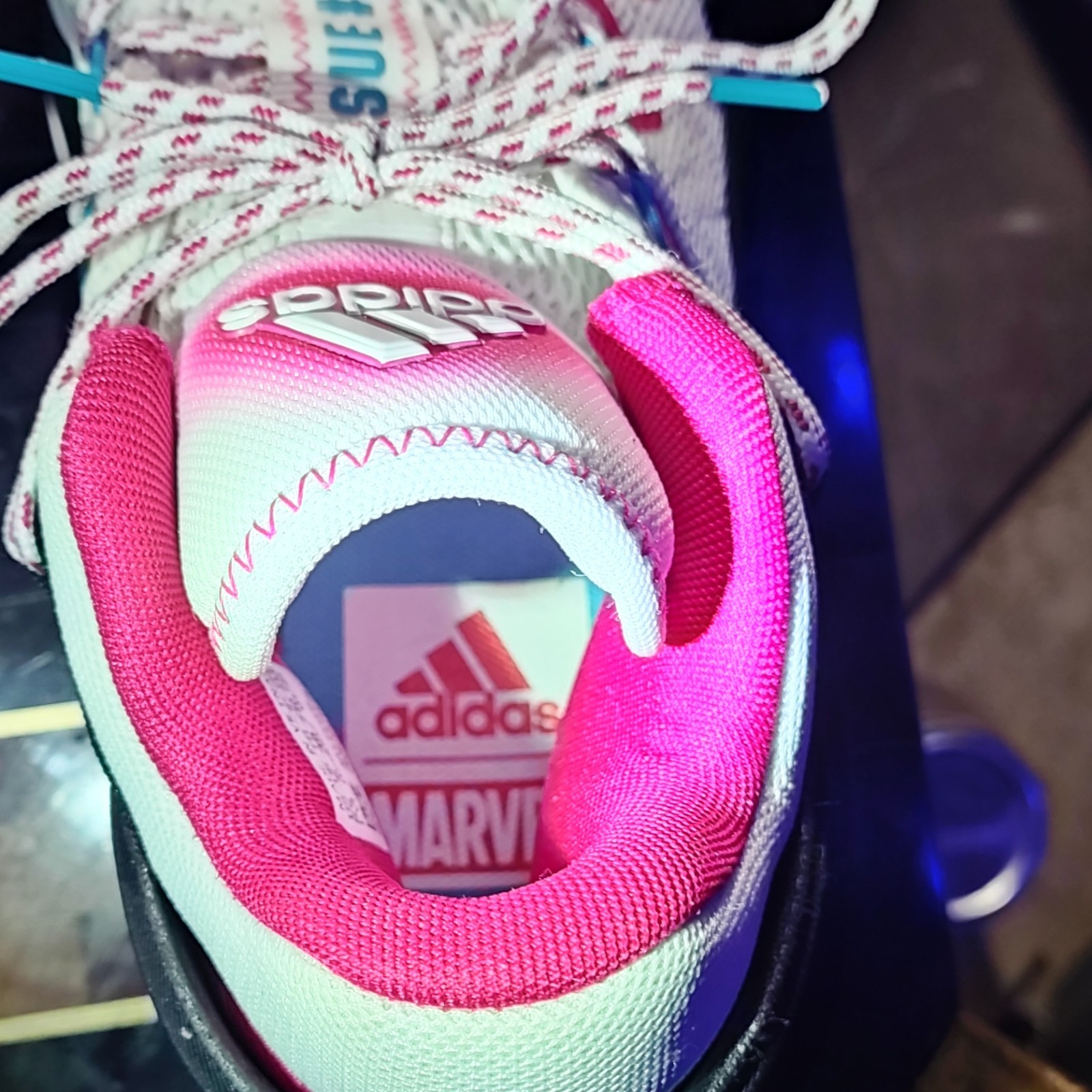 adidas Women’s Marvel Issue #2 White Pink Low Top Lace-Up Basketball Sneakers