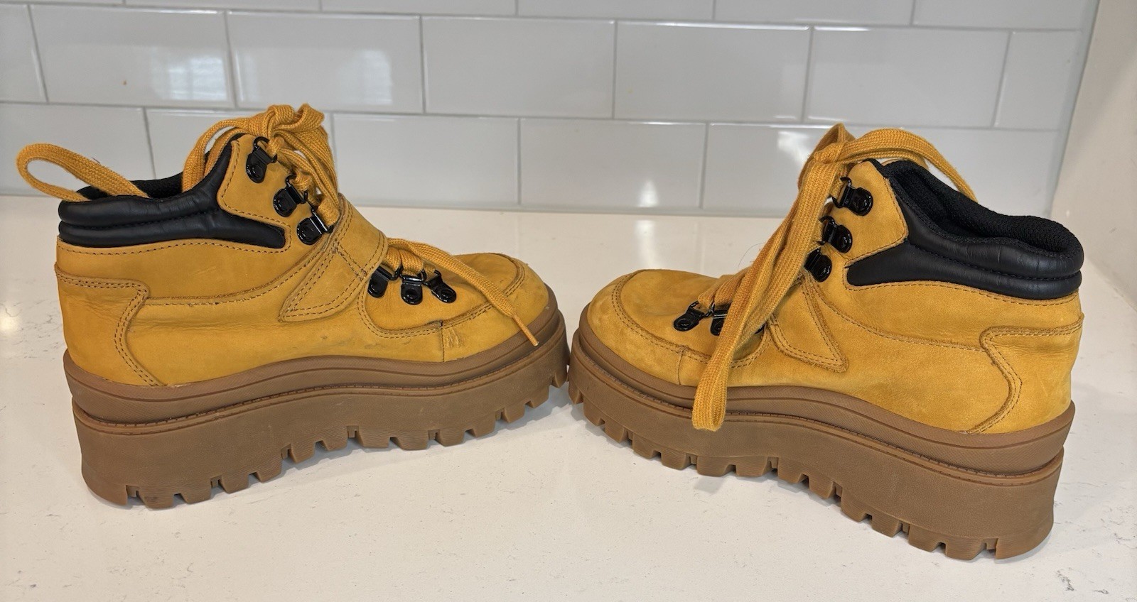 JEFFREY CAMPBELL Top Peak Platform Hiking Boots Mustard Yellow Lug Sole Chunky