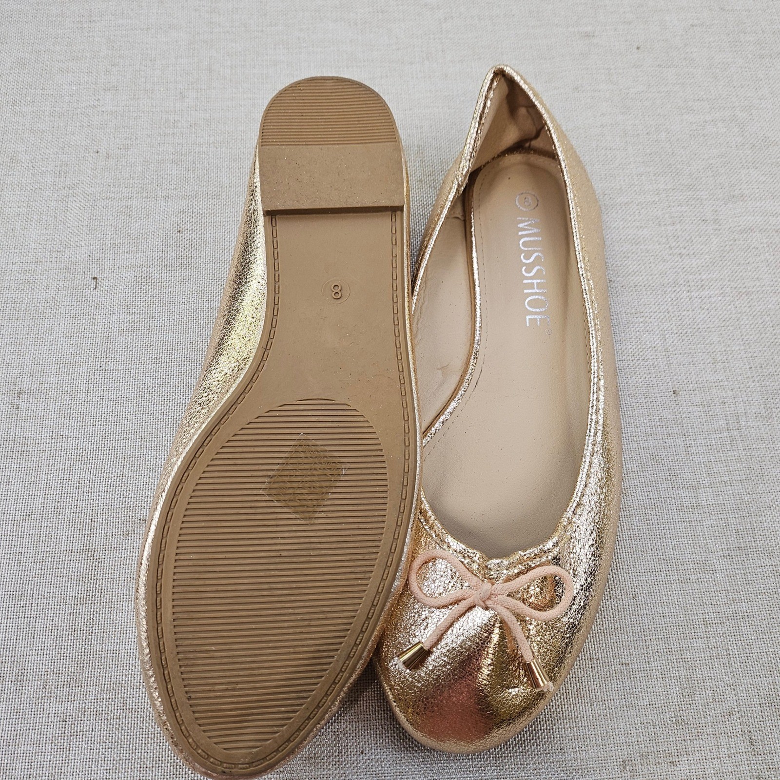 MUSSHOE Womens Metallic Gold Ballet Flats Round Toe Bow Slip On Shoes Size 8