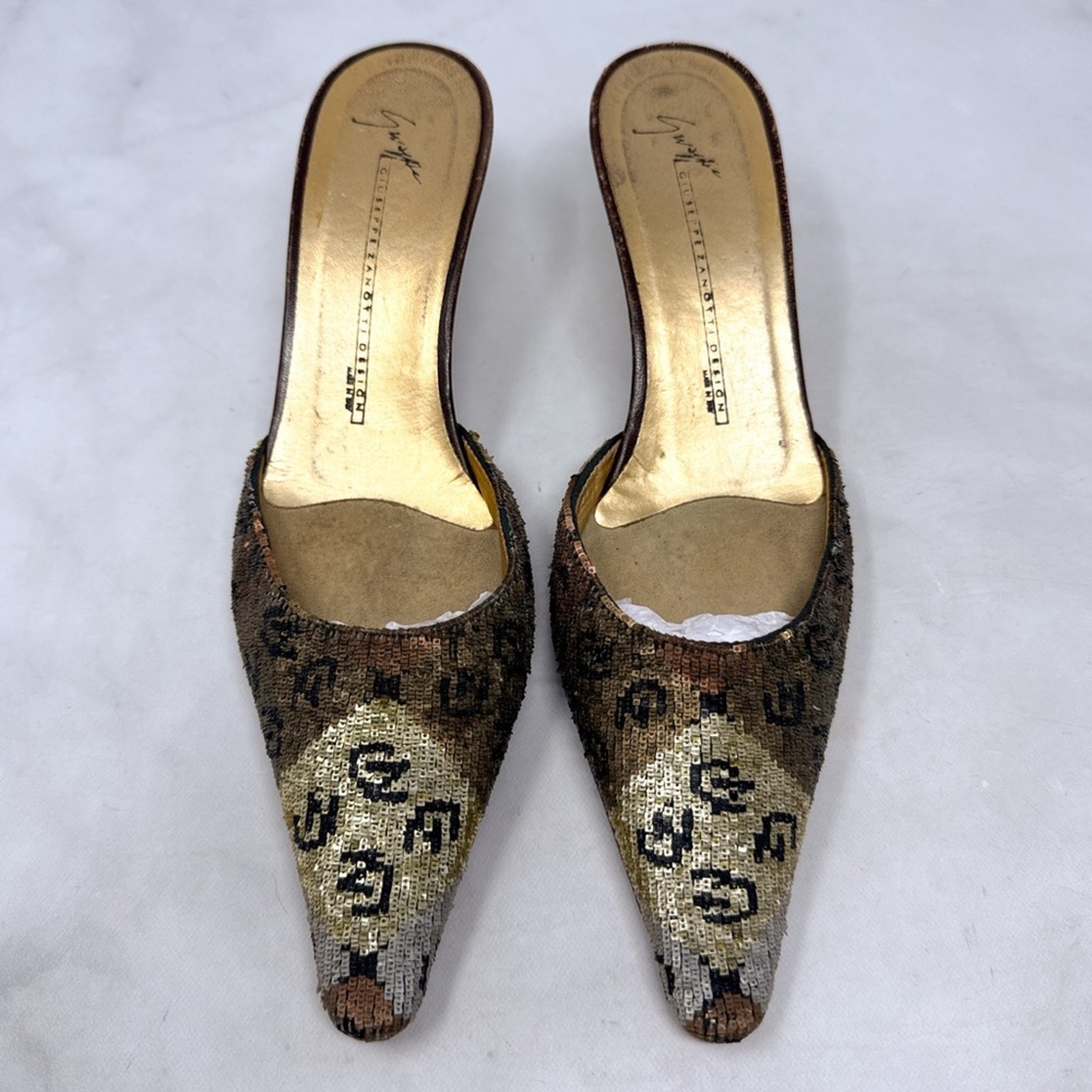 Giuseppe Zanotti Vicini Vintage 90s Y2K Sequin GZ Logo Pointed Kitten Heel Mules