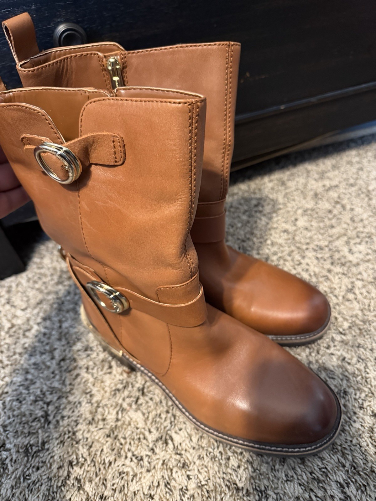 Vince Camuto Kerivini Brown Leather Mid-Calf Boots Zip Buckle Comfort 7M