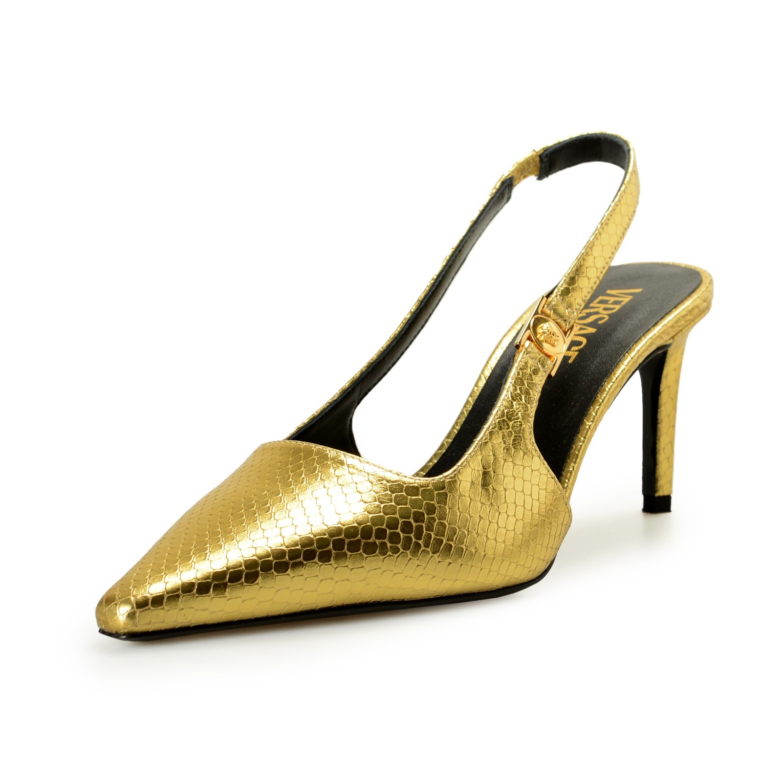 Versace Women’s Gold Snake Print Leather Heeled Slingback Pumps Shoes US 6 IT 36