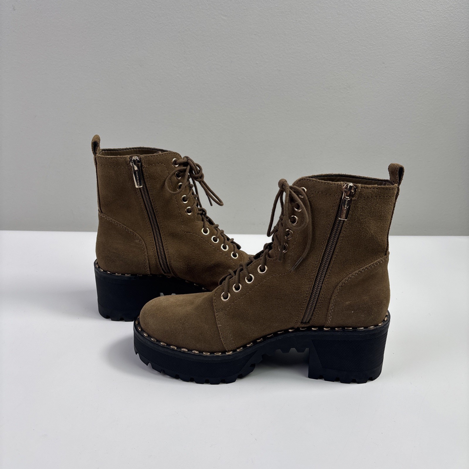 Vince Camuto Mecale Studded Combat Hiking Boot Suede Tan 7.5 M