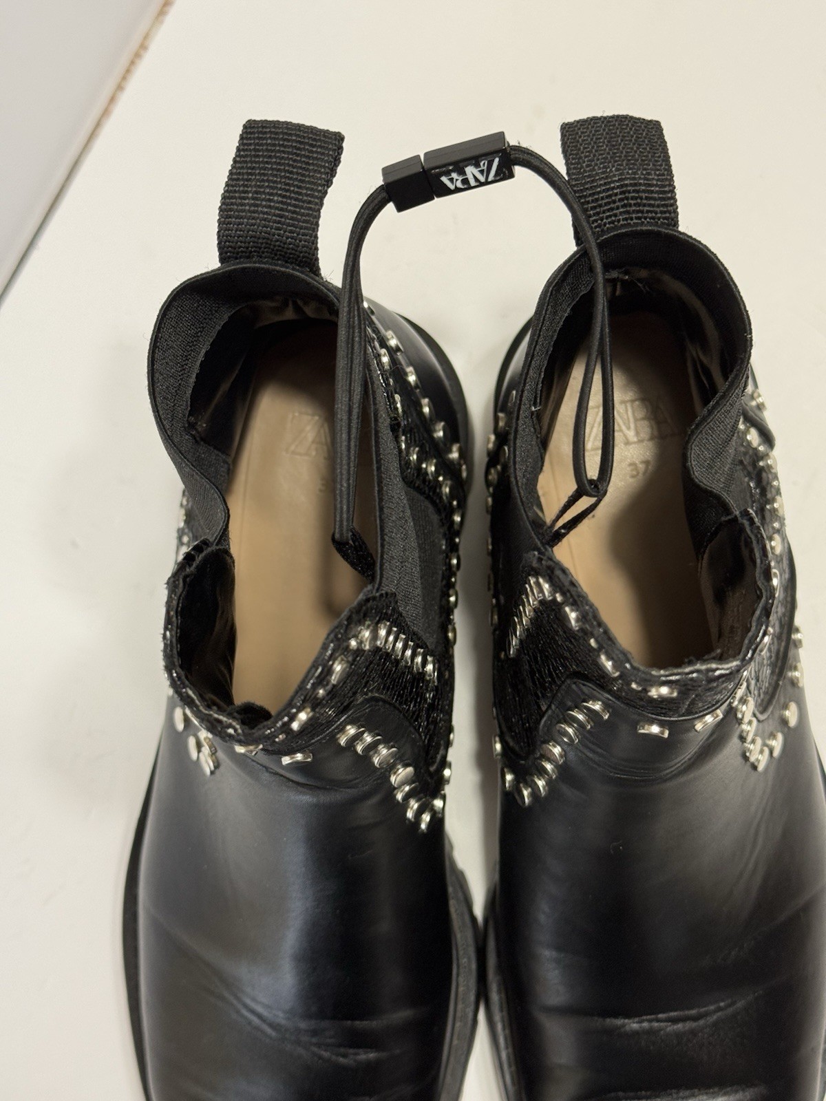 ZARA Black Studded Chunky Lug Sole Biker Ankle Boots Women’s Sz 37 (6.5)