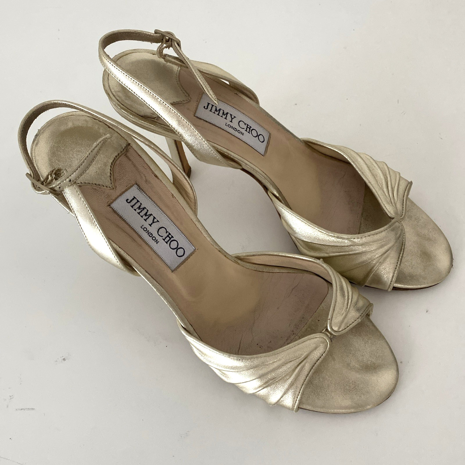 Jimmy Choo Gold King Slingback Sandal Open Toe Leather Slim Heel 39