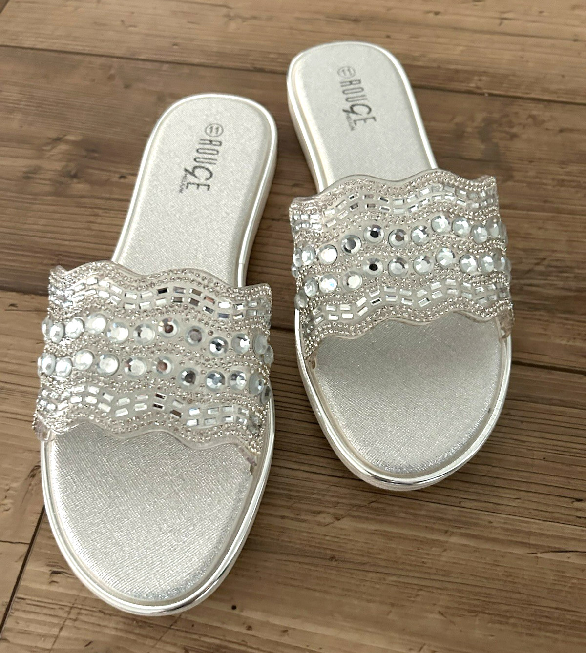 Rouge Silver Rhinestone Band Slide Sandal Women Size 10/11