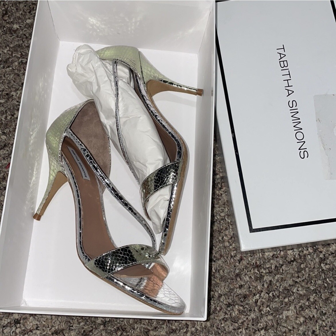 Tabitha Simmons $695 Silver Metallic Snakeskin Heel Sandals Size 8 Evening Glam