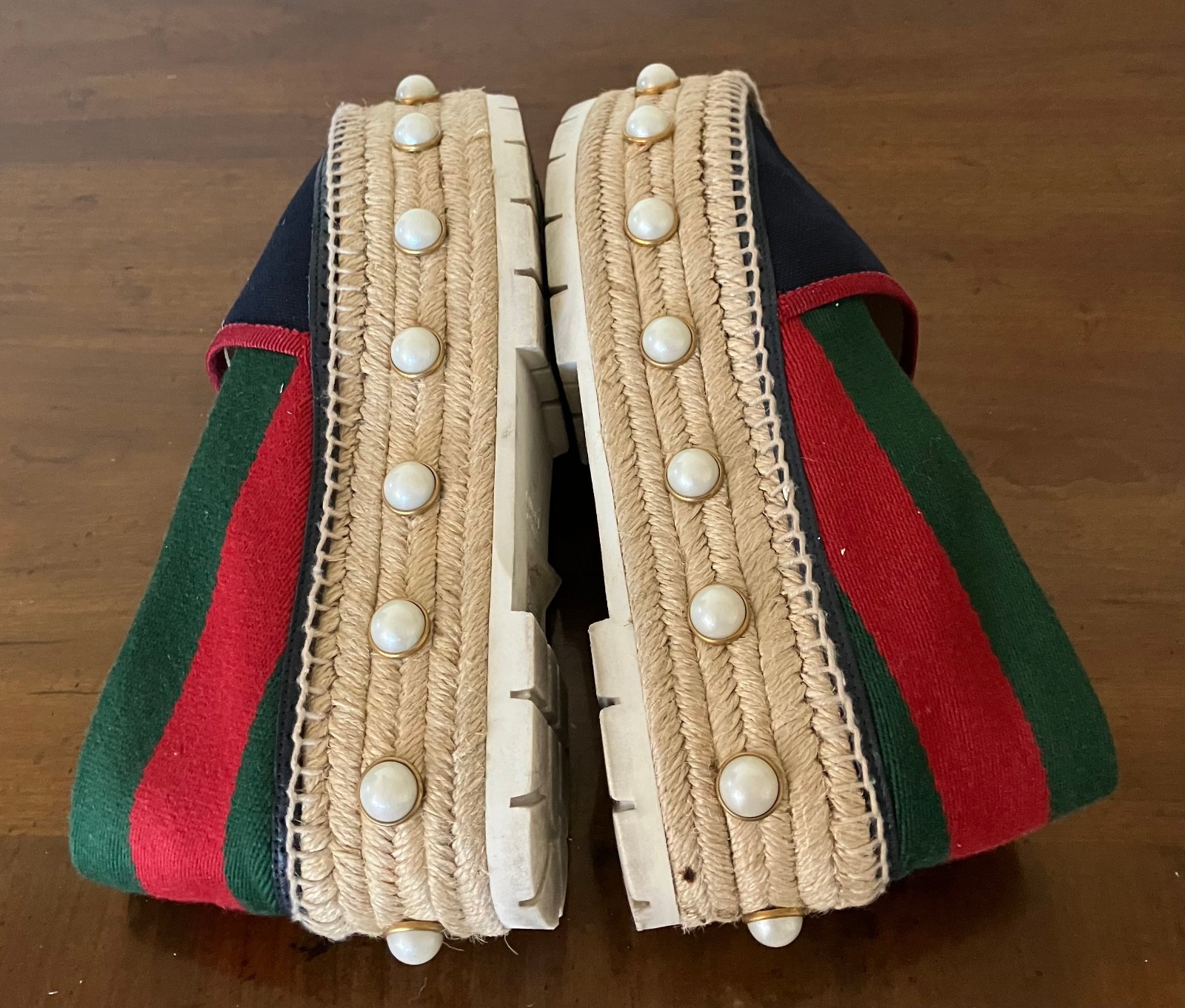 Gucci Pearl Studded Espadrille Flats Blue/Green/Red SZ 38 1/2 Slightly Worn