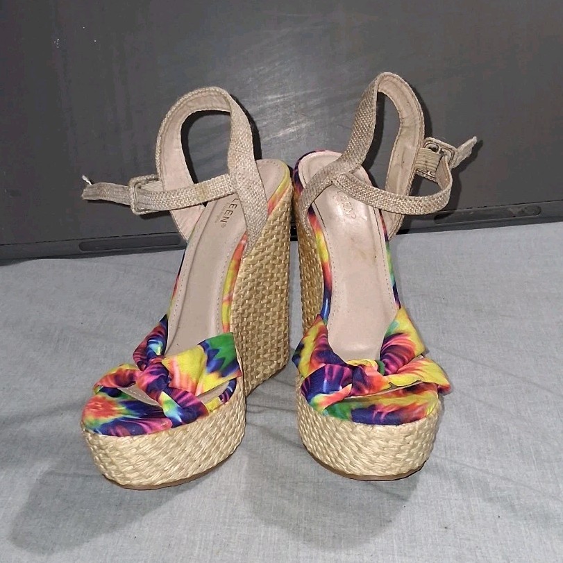 Kayleen Women’s Tie-Dye Bow Wedge Sandals Ankle Strap Buckle Open Toe