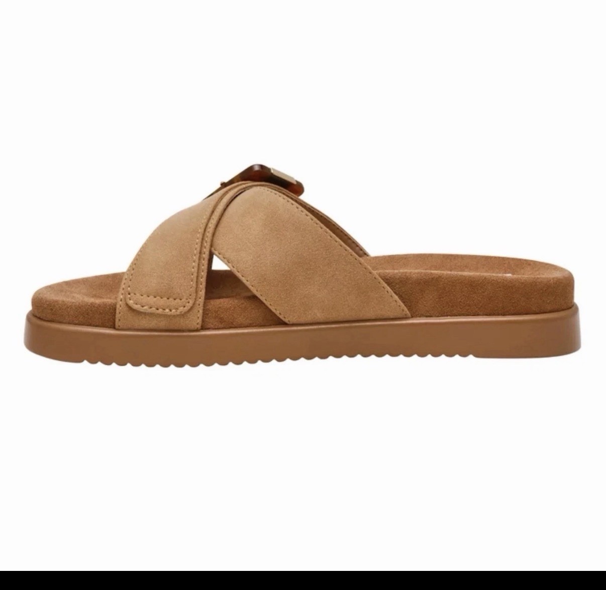 dv by Dolce Vita “Sweet Slide Sandals” Adjustable Buckle Faux Leather Tan Size 7