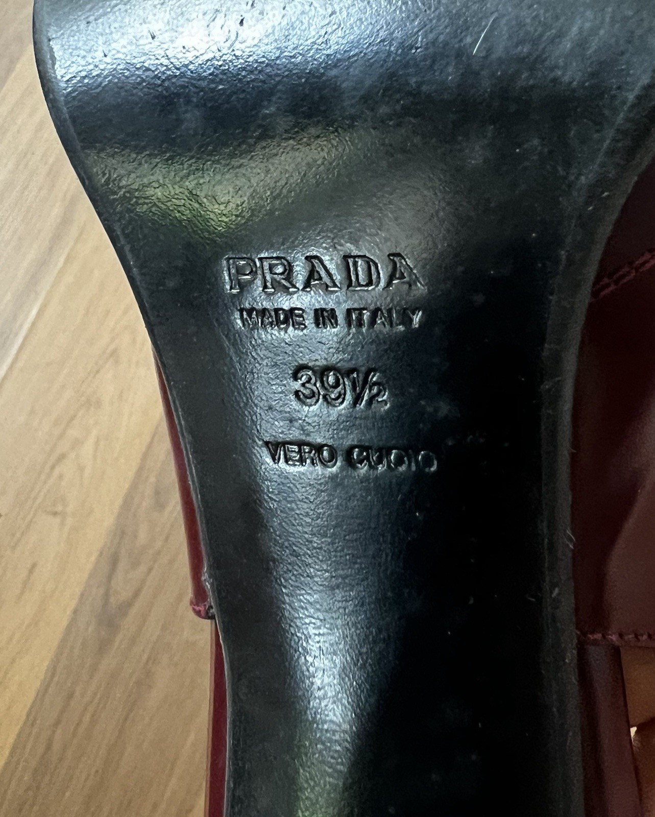 PRADA Burgundy Leather Round Toe Slingback Buckle Block Heel Pumps EU 39.5