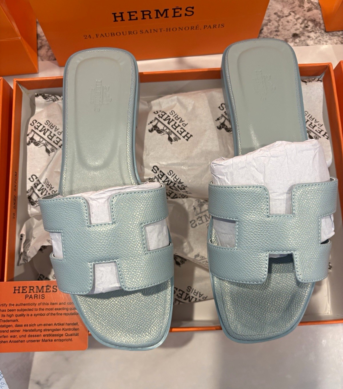 Hermès Women’s Blue Leather Slide Sandals Logo Slip-On EU 38 US 7.5 NIB