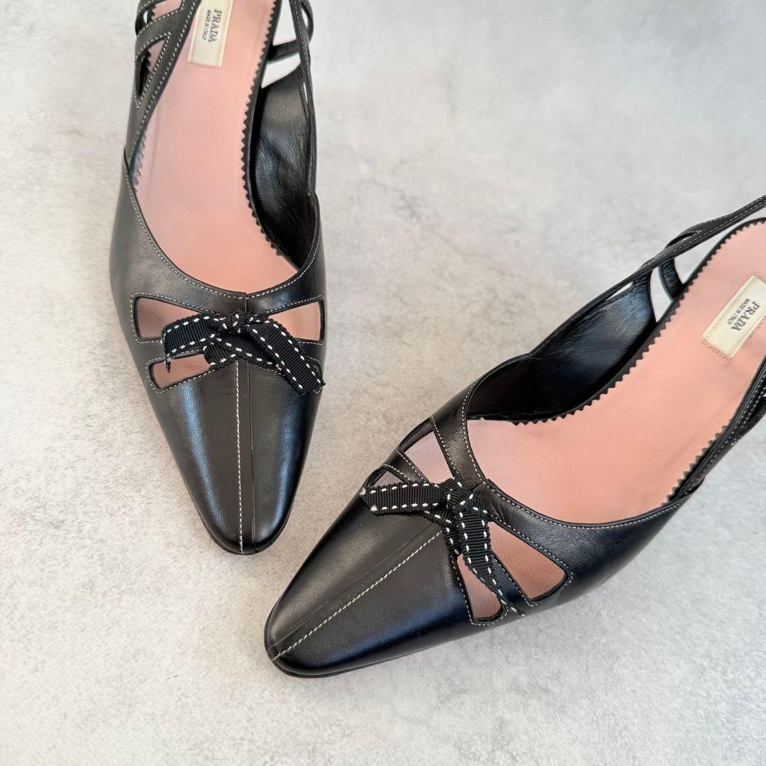 Prada Stitched Bow Slingback Heels Black Leather Women’s US 6 UK 3.5 EU 36 Pumps