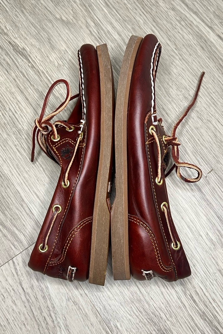 RARE Timberland Classic Boat Shoes Womens 6.5 M Dark Brown SCRIPT HEEL LOGO MINT