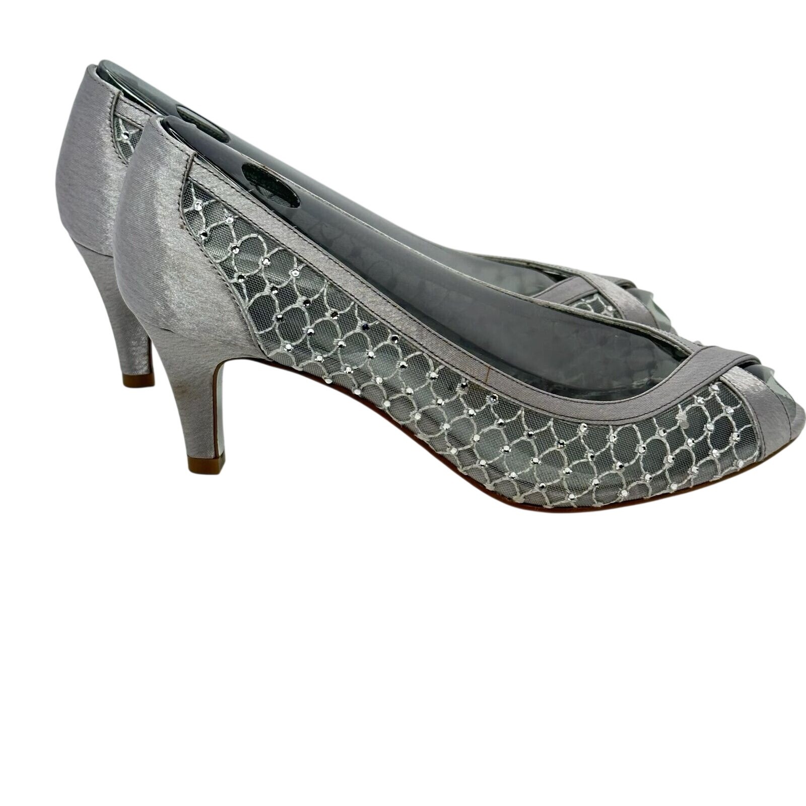 Adrianna Papell Womens Silver Mesh Peep Toe Kitten Heel Slip on Pumps