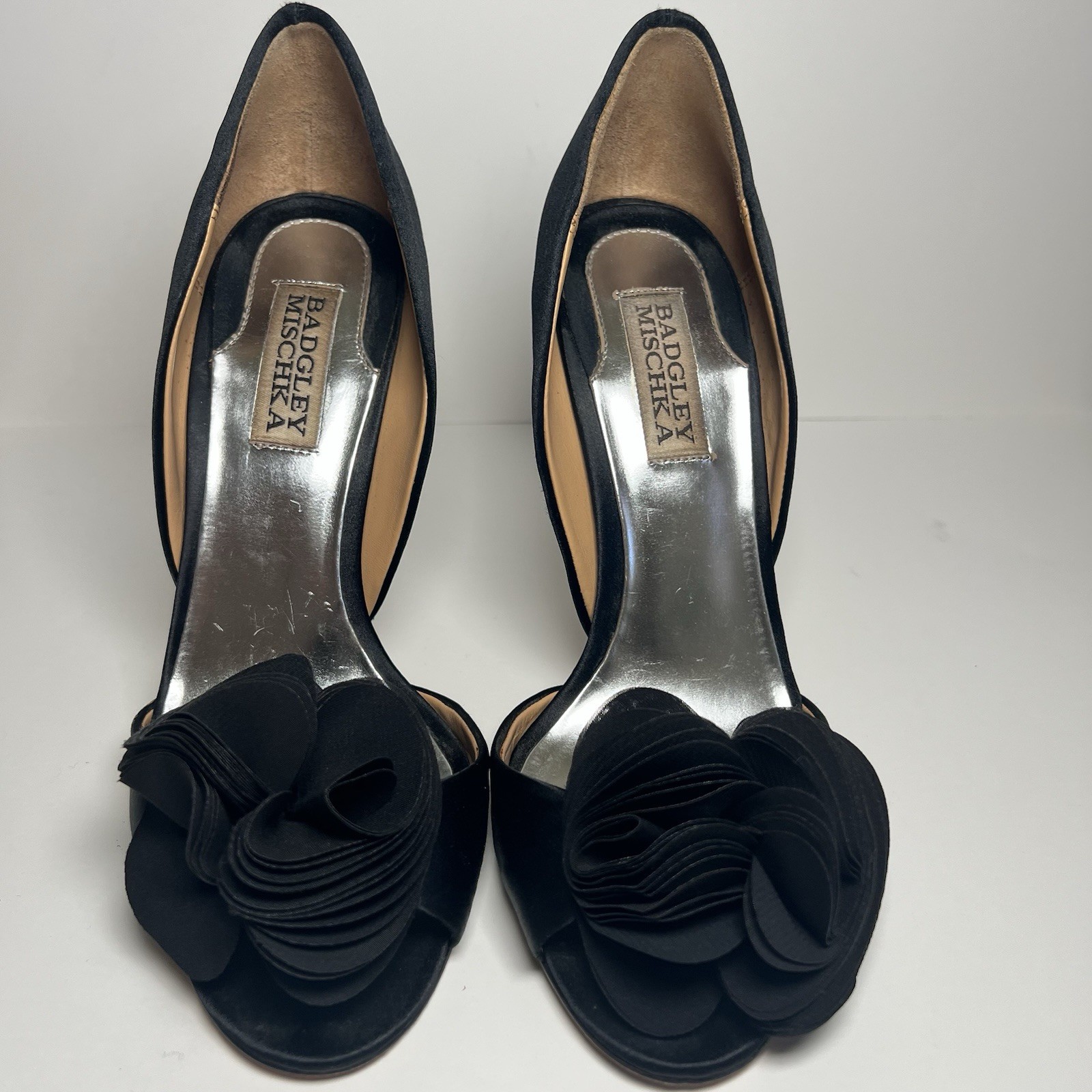 Badgley Mischka Black D’Orsay Peep Toe Satin Stiletto Heels Flower US 6.5/ EU 36