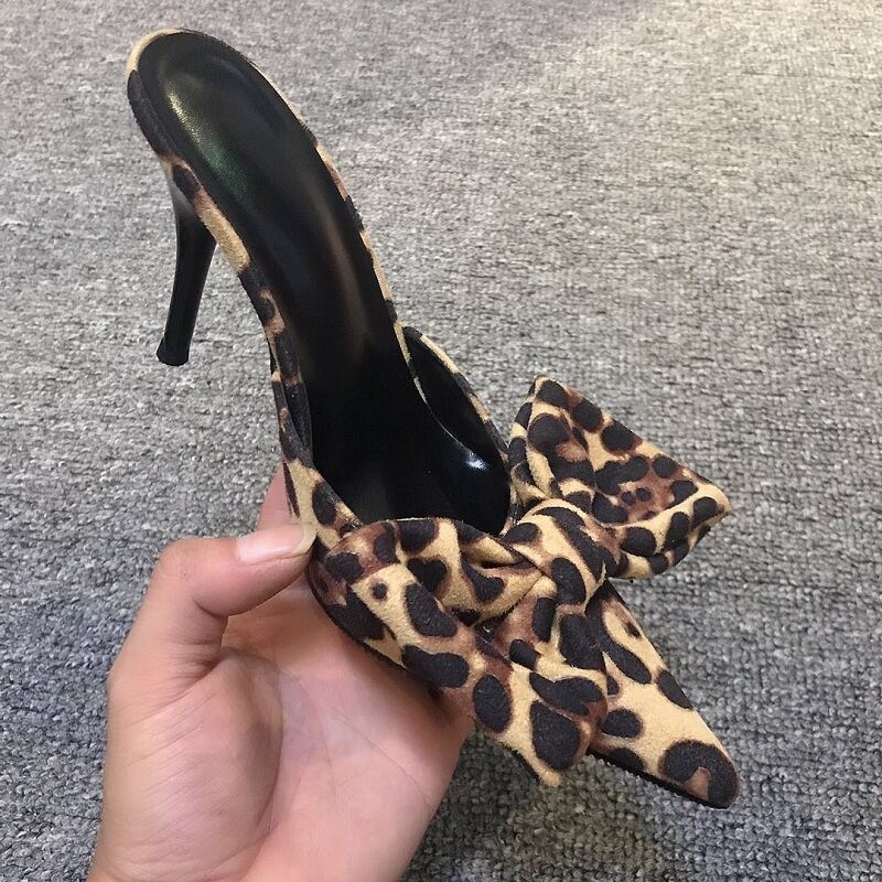 Womens High Heels Leopard Big Bowknot Pointy Toe Slipper Slip On Party Shoes New