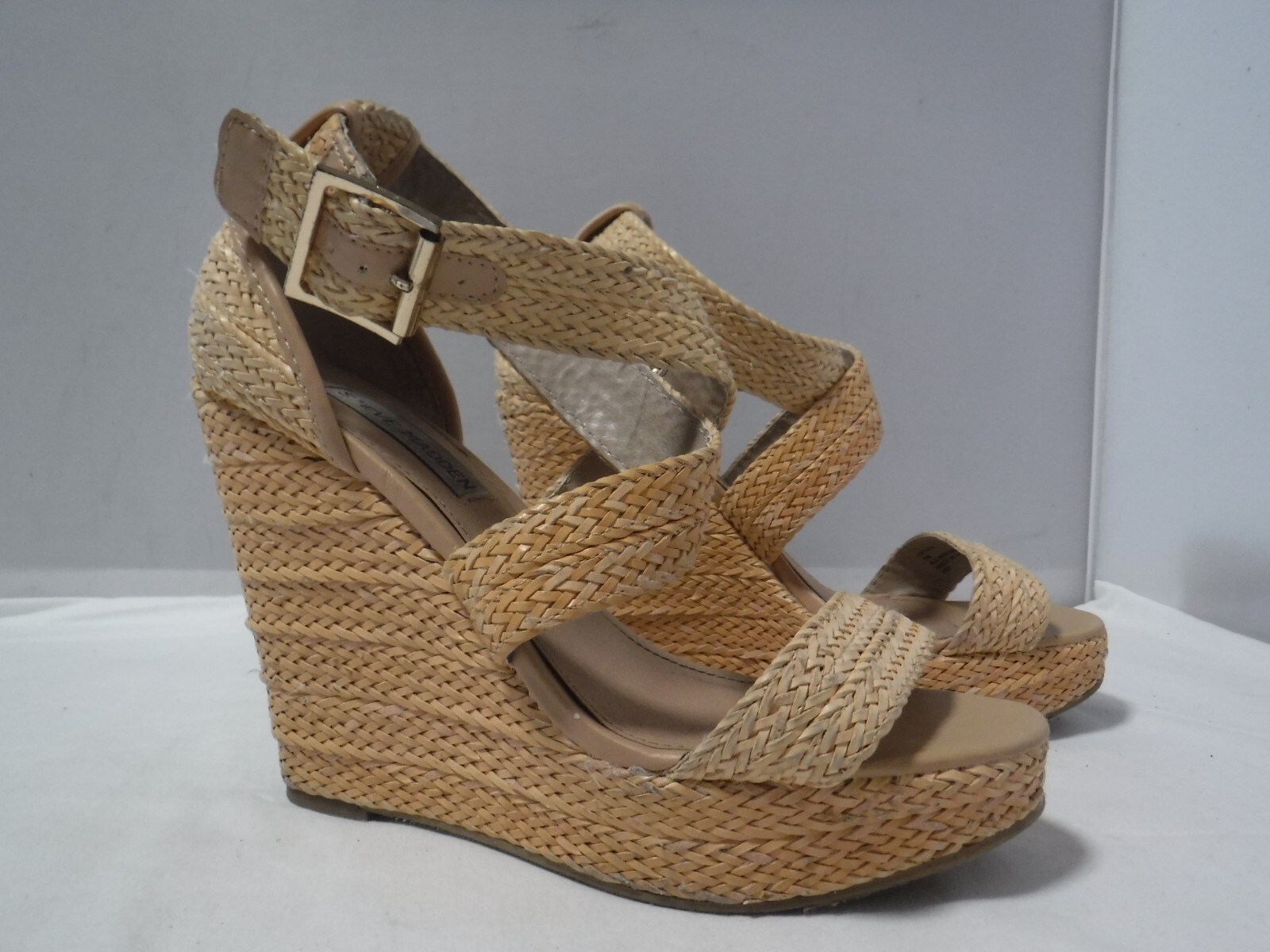 PF2 VTG Women’s STEVE MADDEN Natural Straw Chunky Platform Strappy Heel Sandals