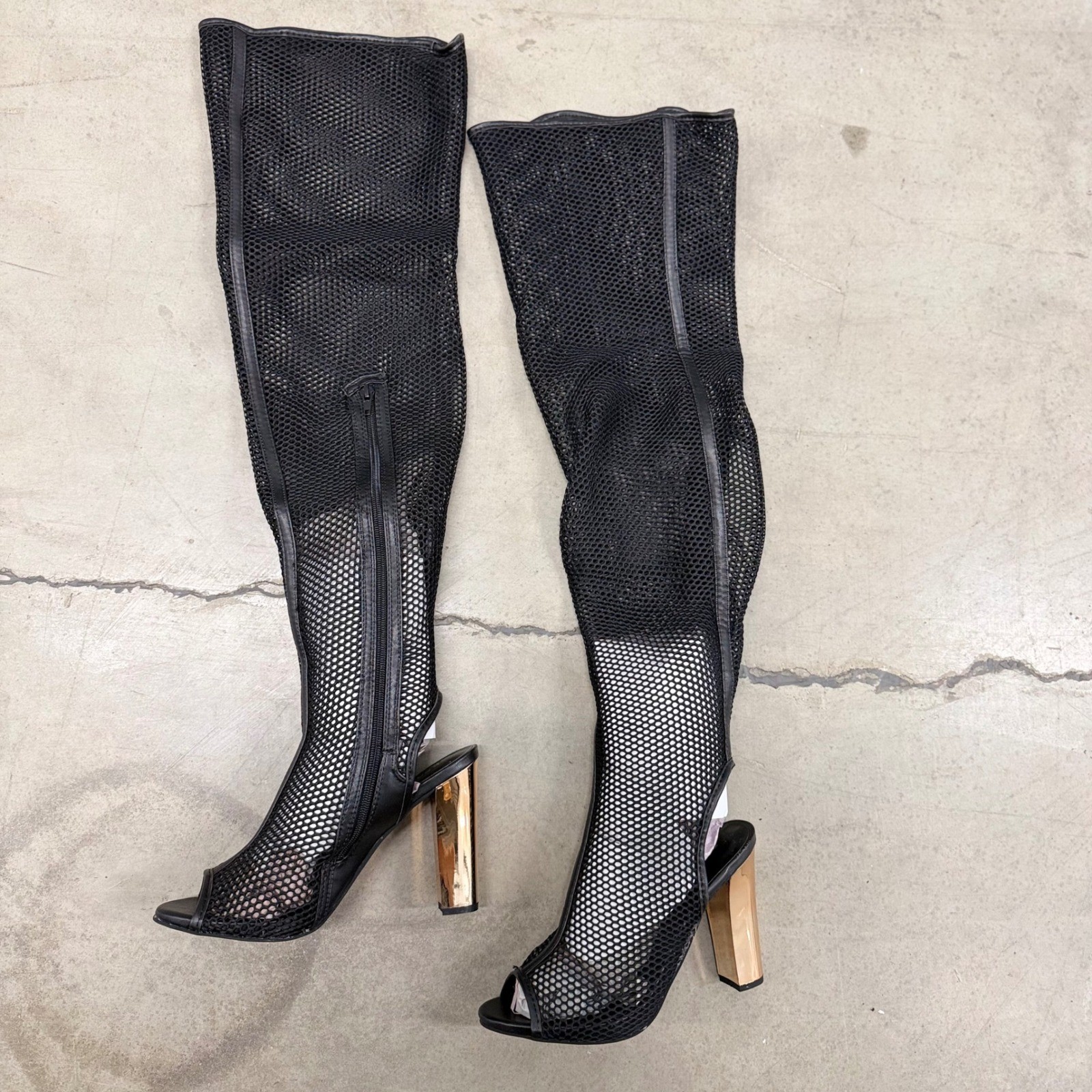 Bamboo Spotlight Black Mesh Over The Knee Boots Gold Block Heel Peep Toe Size 9