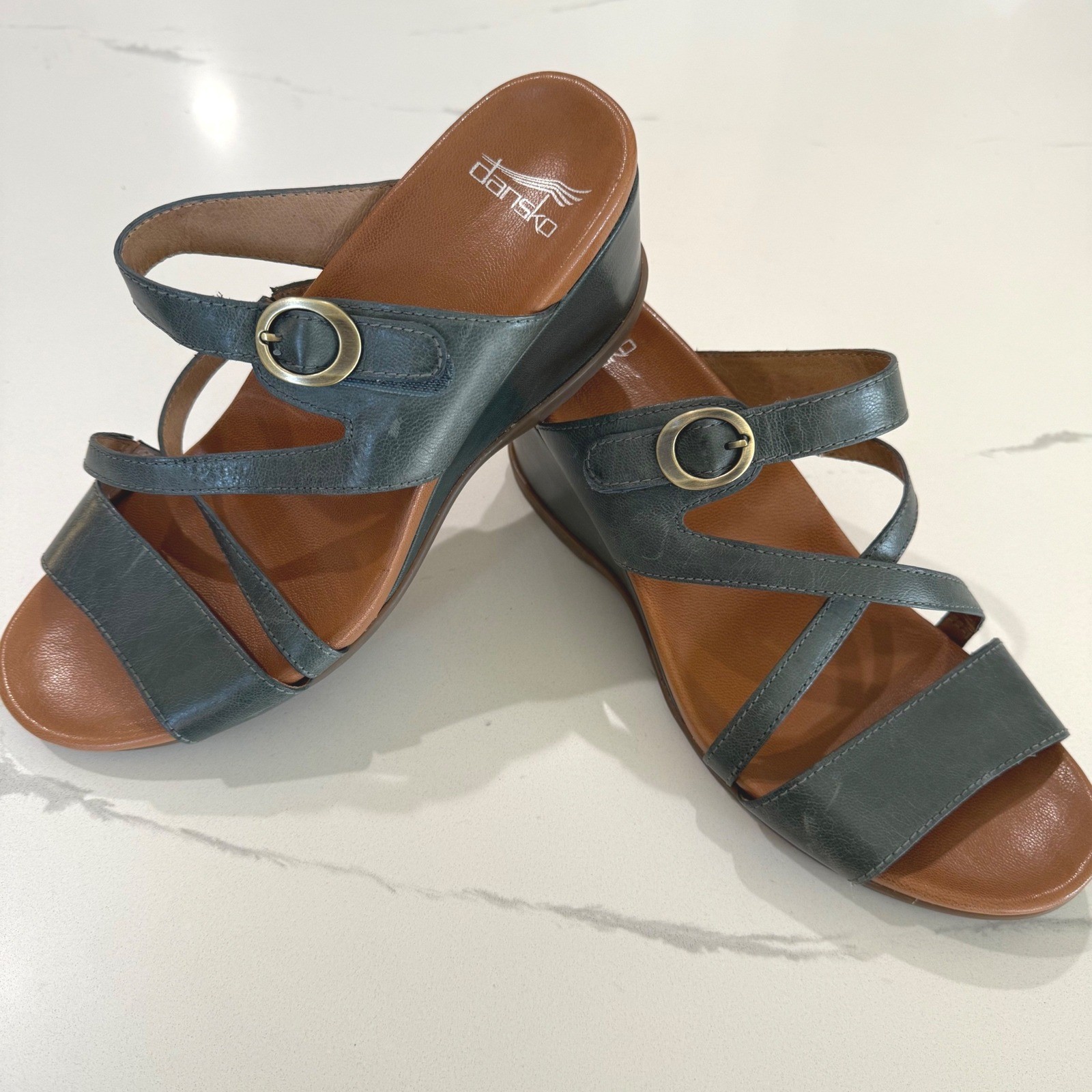 Dansko Ana Womens Gray Blue Leather Strappy Wedge Sandals Size 41 Shoes 10.5-11