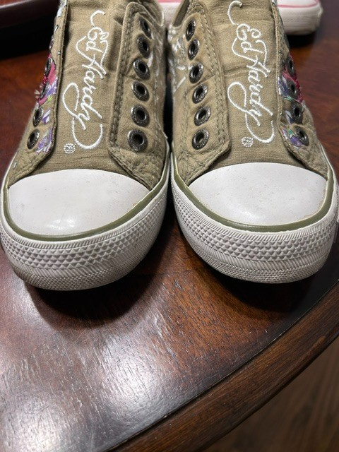 Vintage Ed Hardy Tan/Green Koi Fish Slip On Sneakers Tattoo Art Y2K Size 5