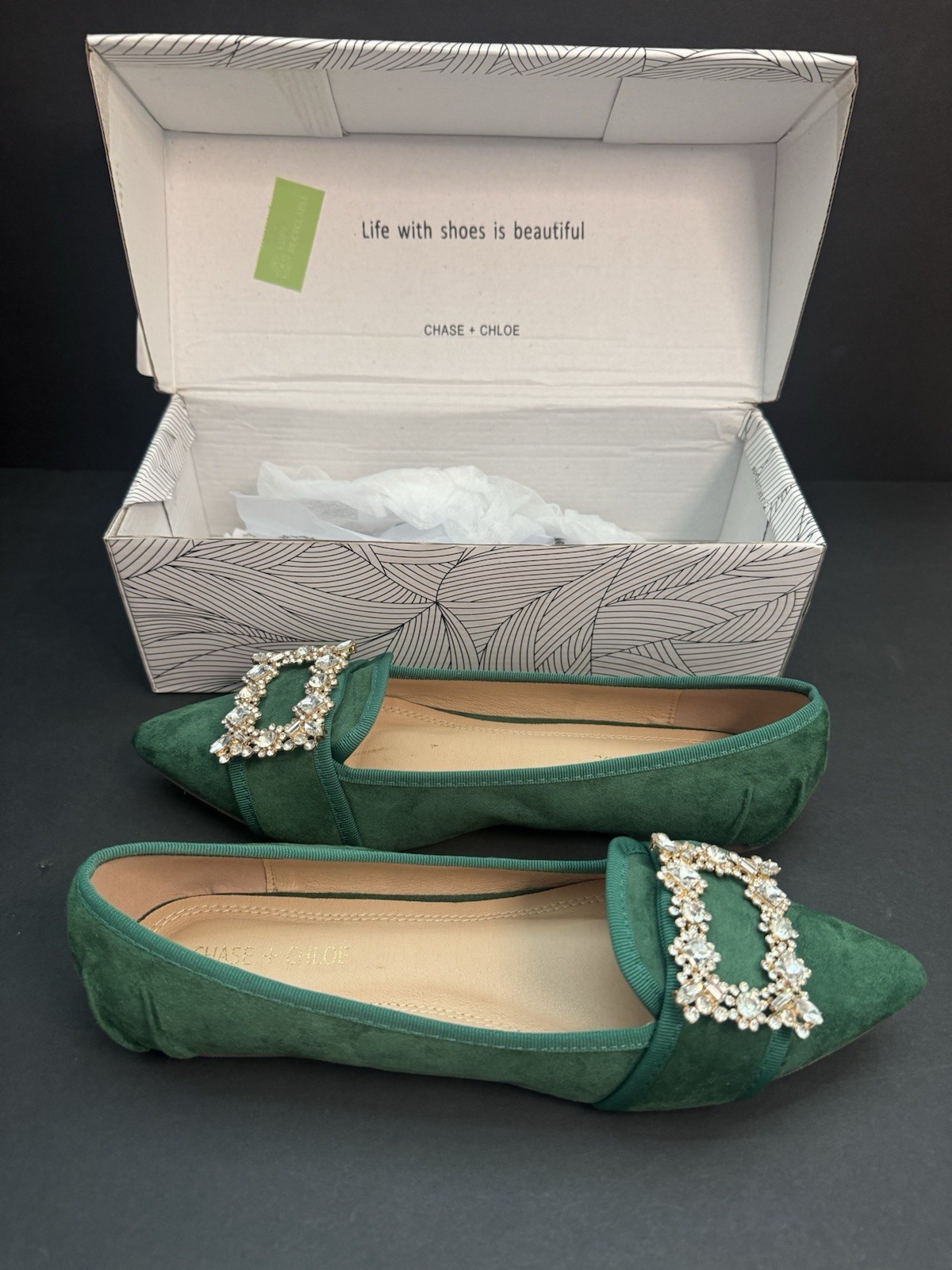 Emerald Suede Size 10 Flats Chase + Chloe Women’s Shoes New In Box