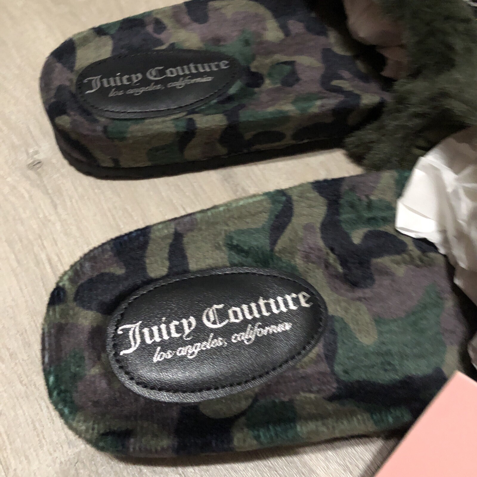 Juicy Couture Slide Slippers Faux Fur Crystals Green Camo Womens Size 10