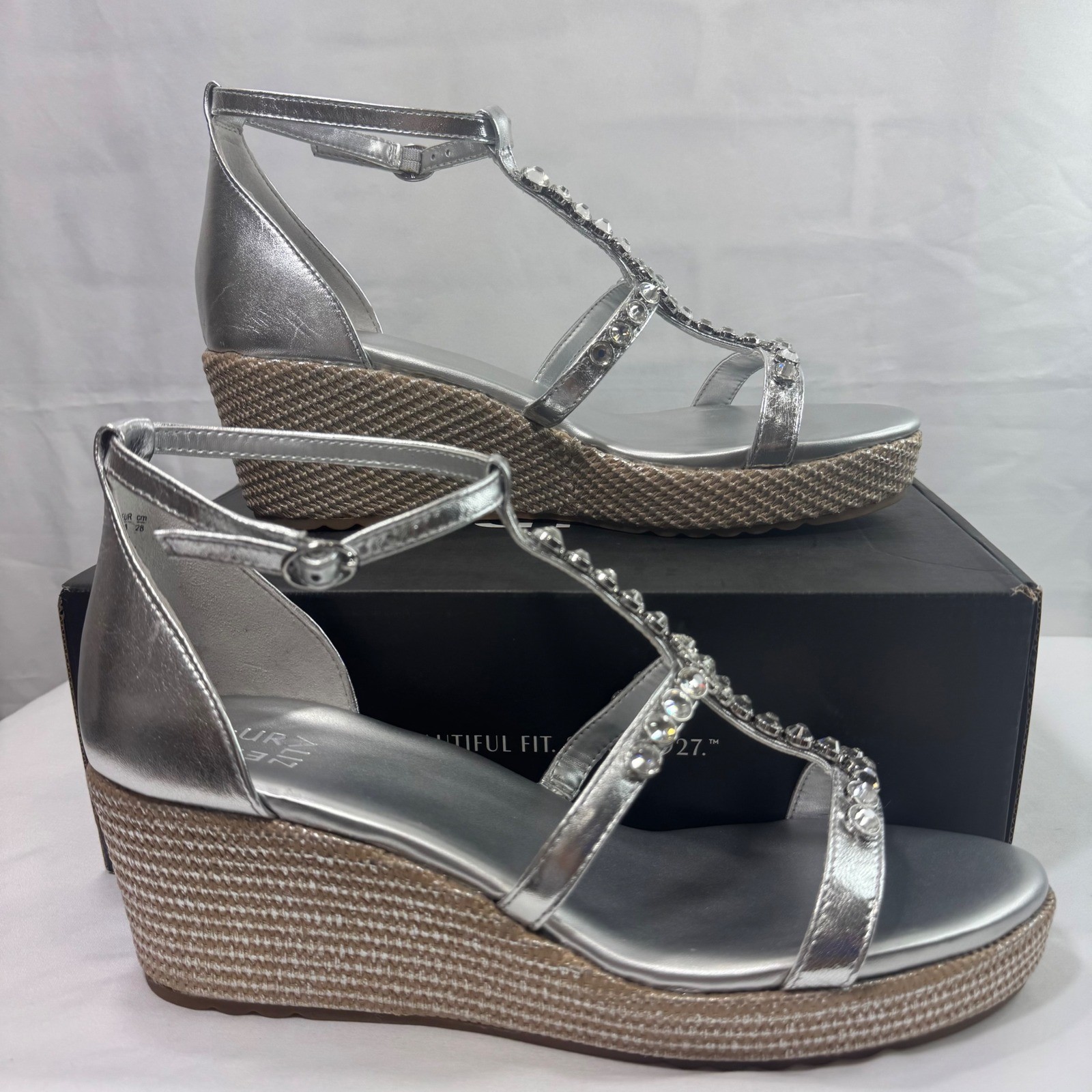 New Naturalizer Serena Silver Metallic Rhinestone Espadrille Wedge Sandal Sz 13