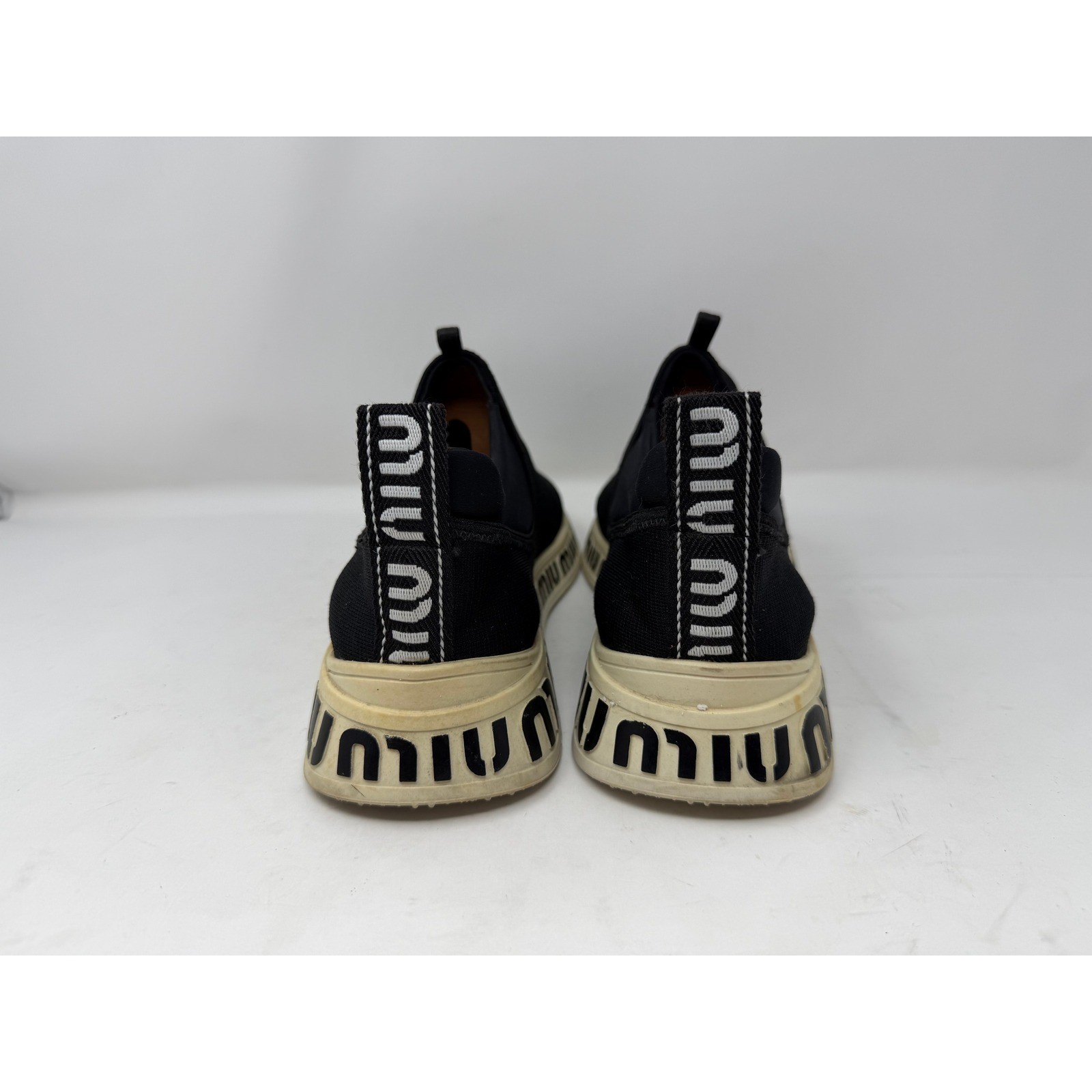 Miu Miu Black Crystal Embellished Knit Logo Slip On Sneakers Shoes 5S830C