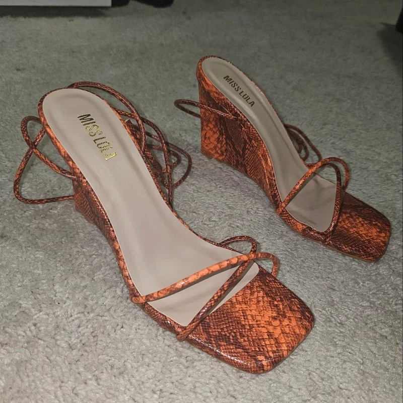 Orange Wedge Lace-Up Sandals, Size 8.5