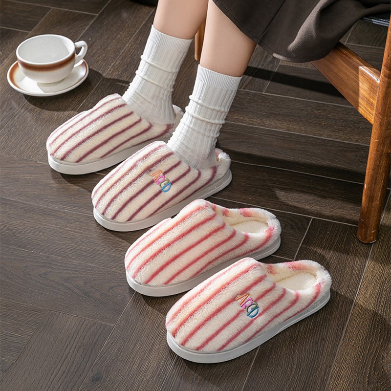 Ins Plush Striped Slippers Winter Warm Letter Embroidered Shoes Fashion Floor Be