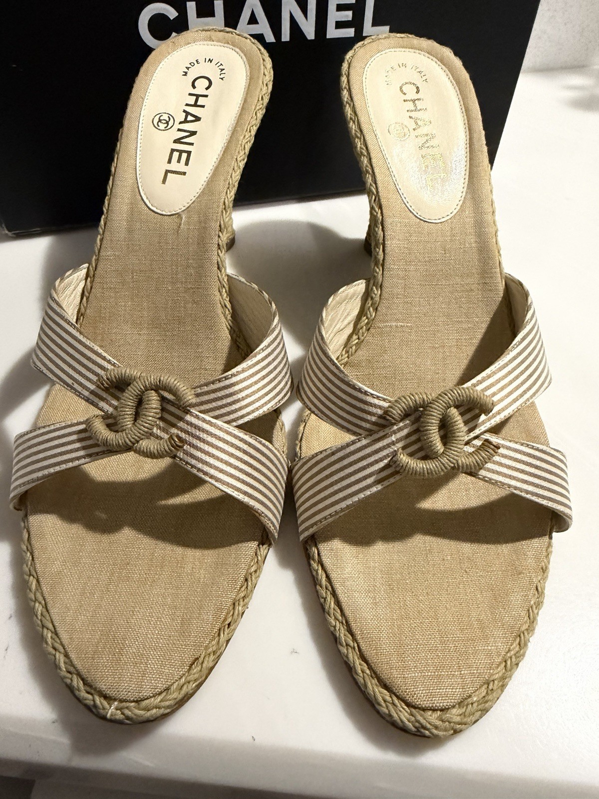 CHANEL COCO MARK Striped Wedge Sole Sandals Mules Shoes Women EU 41