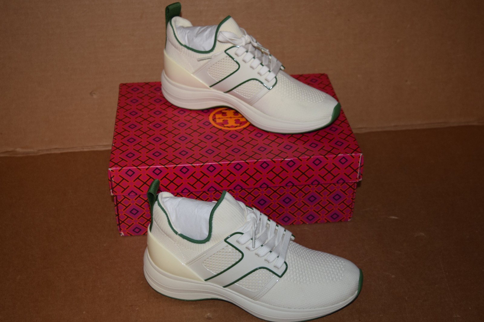 TORY BURCH T SOCK RUNNER IVORY/GREEN WOMEN SNEAKERS 5.5, 7, 11